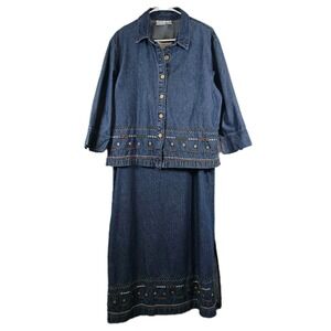 Carolina Blues Denim Womens 2 Pc Embroidered Maxi Dress & Jacket Size 16 Cotton